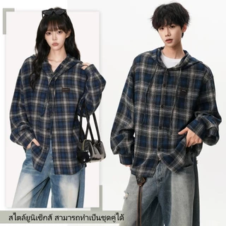 HI2O.เสื้อเชิ้ตแขนยาวลายสก๊อต มีฮู้ด เสื้อผ้าป้องกันแสงแดดสไตล์เป็นกลาง สไตล์ย้อนยุคแบบอเมริกัน สบายๆ