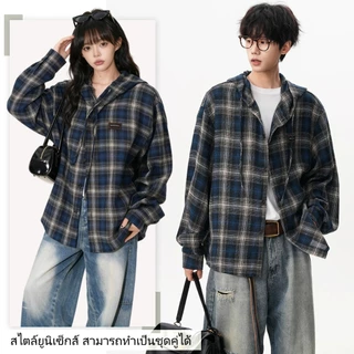 HI2O.เสื้อเชิ้ตแขนยาวลายสก๊อต มีฮู้ด เสื้อผ้าป้องกันแสงแดดสไตล์เป็นกลาง สไตล์ย้อนยุคแบบอเมริกัน สบายๆ