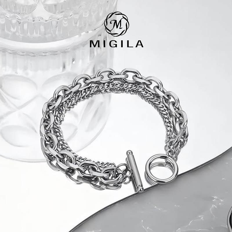 MIGILA OT สร้อยข้อมือคิวบาสองชั้น | สไตล์สตรีทแวร์ ดีไซน์มินิมอลและแฟชั่น ไม่จํากัดเพศ | ทําจากเหล็กไทเทเนียม กันน้ํา ไม่จางหาย และเปลี่ยนสี