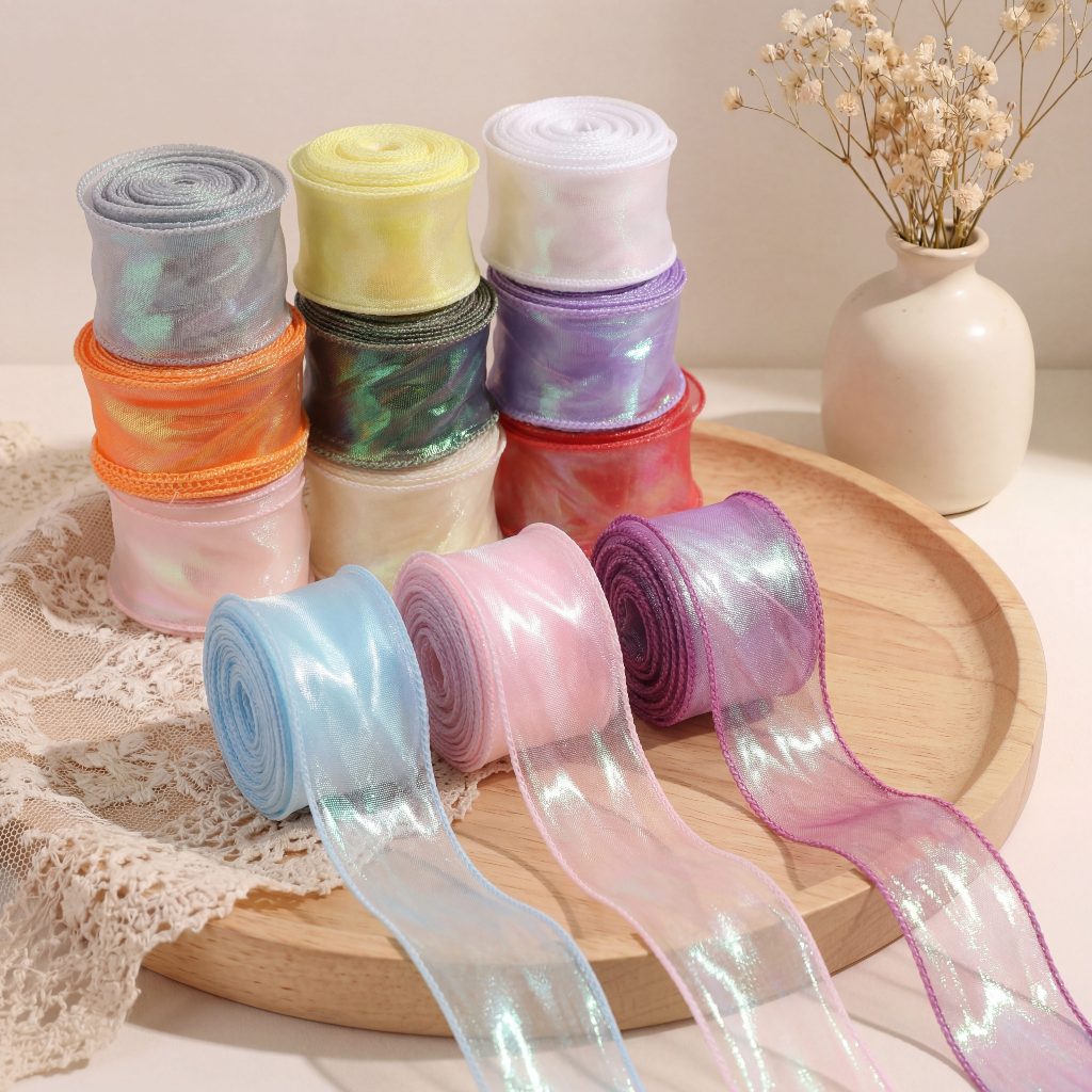 4 ซม.กว้าง Iridescent ไนลอน Fish Tail Organza ริบบิ้นหลายสี DIY ห่อของขวัญผมเครื่องประดับหัตถกรรมริบบิ้น 1Yard / 10Yard ต่อแพ็ค