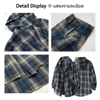 HI2O.เสื้อเชิ้ตแขนยาวลายสก๊อต มีฮู้ด เสื้อผ้าป้องกันแสงแดดสไตล์เป็นกลาง สไตล์ย้อนยุคแบบอเมริกัน สบายๆ