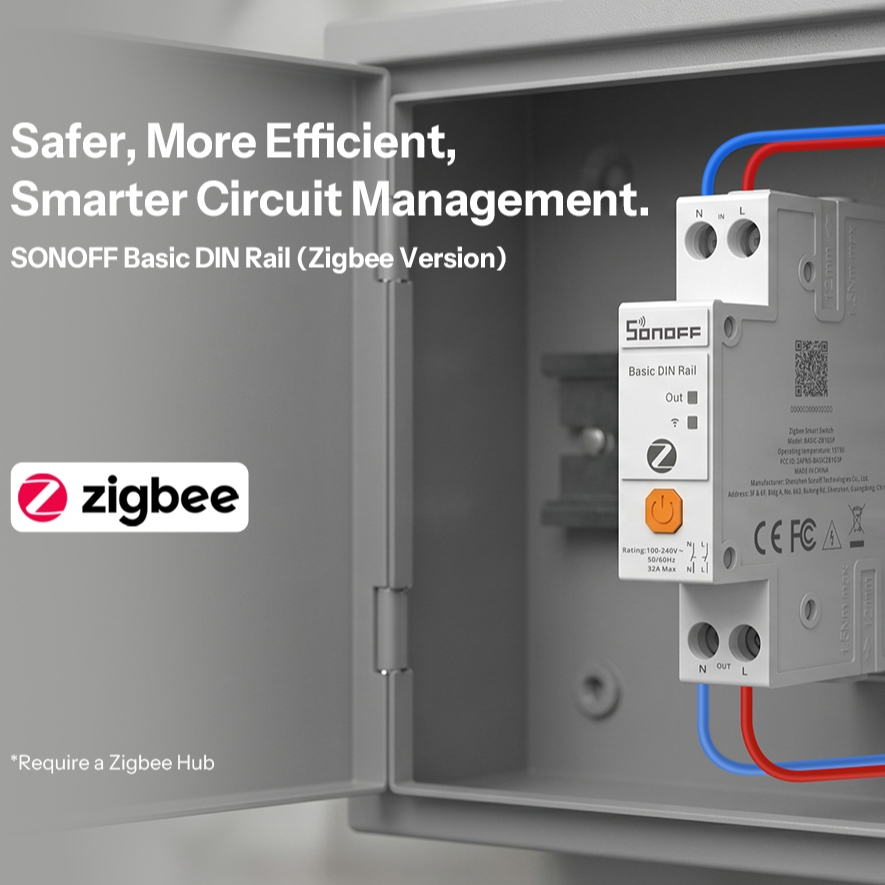 SONOFF BASIC-ZB1GSP Basic DIN Rail Zigbee สมาร์ทสวิทช์ 32A High-Power โหลดความจุ Real-Time Energy Monitoring ป้องกันการโอเวอร์โหลด & Double-Pole Safety Switching Zigbee 3.0 Router