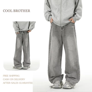 [COOL BROTHER]กางเกงยีนส์ผู้ชายสีเทาอ่อน ลายฟอกย้อนยุค สไตล์วินเทจเทรนด์ ทรงหลวมกว้างขา สวมใส่สบายคุณภาพดี เข้ากับทุกชุด ส่งปลายทางได้