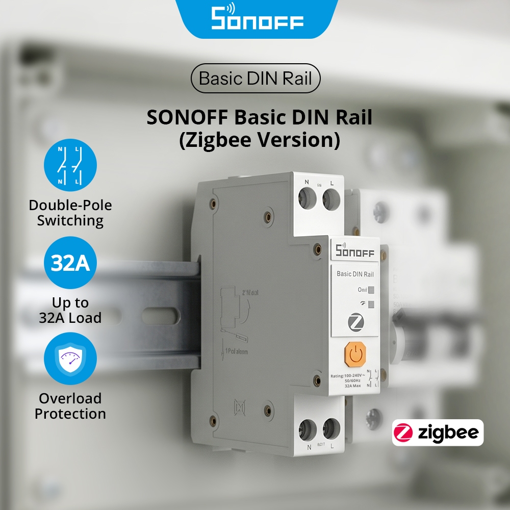 SONOFF Basic DIN Rail Zigbee สมาร์ทสวิทช์ BASIC-ZB1GSP 32A High-Power โหลดความจุ Real-Time Energy Monitoring ป้องกันการโอเวอร์โหลด & Double-Pole Safety Switching Zigbee 3.0 เส้นทาง