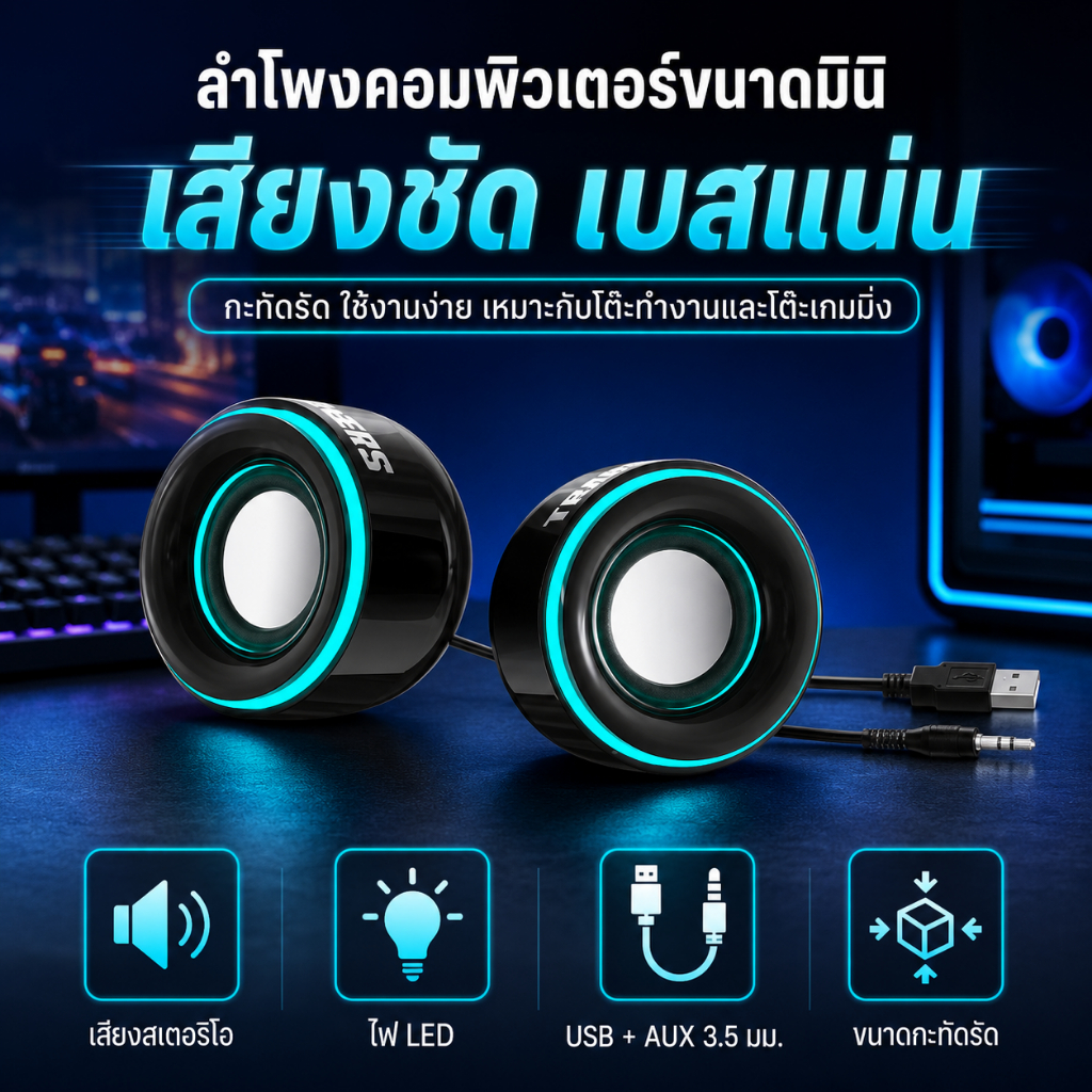 ลําโพงคอมพิวเตอร์มินิ ยูเอสบี 2.0 พร้อมเสียงเซอร์ราวด์สเตอริโอ ไฟ นํา สีเขียวเย็น เชื่อมต่อ ยูเอสบี และ ถึง 3.5มม เหมาะสําหรับคอม แล็ปท็อป ทีวี สมาร์ทโฟน และเกมคอนโซล