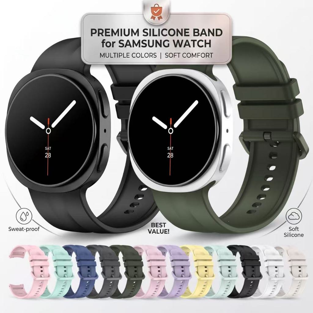 สายรัดซิลิโคนเหลวระดับพรีเมียมสําหรับ Samsung Galaxy Watch 9/8 40 มม.44 มม./นาฬิกา 8 Classic 46 มม. สายสปอร์ตกันเหงื่อแบบนุ่มมีหลายสีให้เลือกประสิทธิภาพสูง