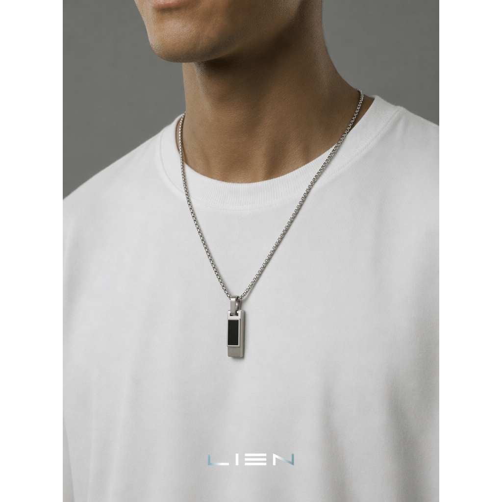 LIEN Geometric black tag Bar Necklace Men|55+5ซม|เหล็กไทเท| มินิมอล|กันน้ํากันน้ํา| ของขวัญสําหรับเขา