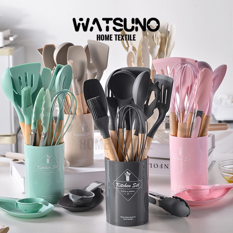 Watsuno.ชุดเครื่องครัวซิลิโคน ไม้พายซิลิโคน อุปกรณ์ทำอาหารครบชุด ทนความร้อน ไม่ขูดกระทะ ช้อนตักอาหาร สำหรับครัวเรือน