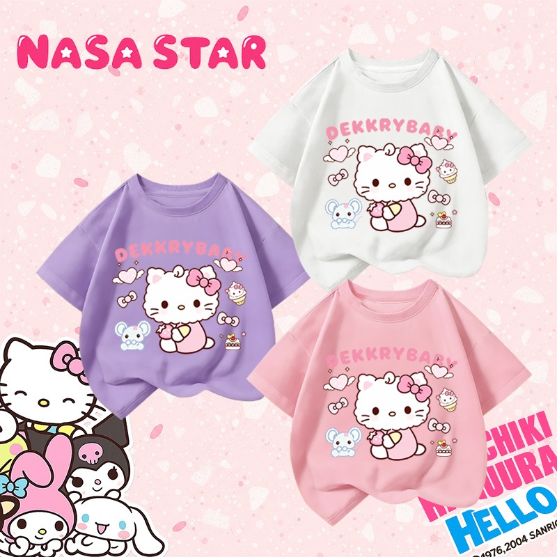 【ส่งในวันเดียวกัน】เสื้อยืดเด็ก สีชมพู ลาย Hello Kitty หวานน่ารัก ใส่สบาย สำหรับเด็ก 1-12 ปี
