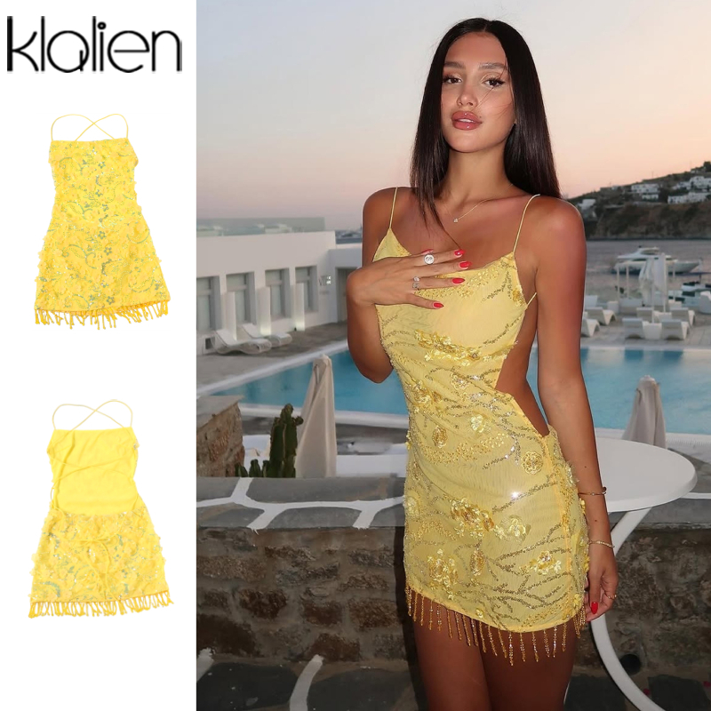 Klalien Sequins Fringe Mini Dresses เซ็กซี่ Backless Bodycon โรแมนติกผู้หญิงฤดูร้อนบรรยากาศฮาวายวันหยุดสวมใส่