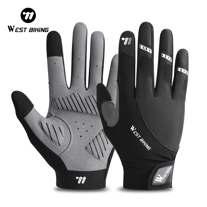 WEST BIKING Shock Absorbing Touchscreen ถุงมือขี่จักรยาน Anti-slip ยืดหยุ่นสูง Breathable Sweat Wicking ทนต่อการสึกหรอสําหรับ MTB Road Bike