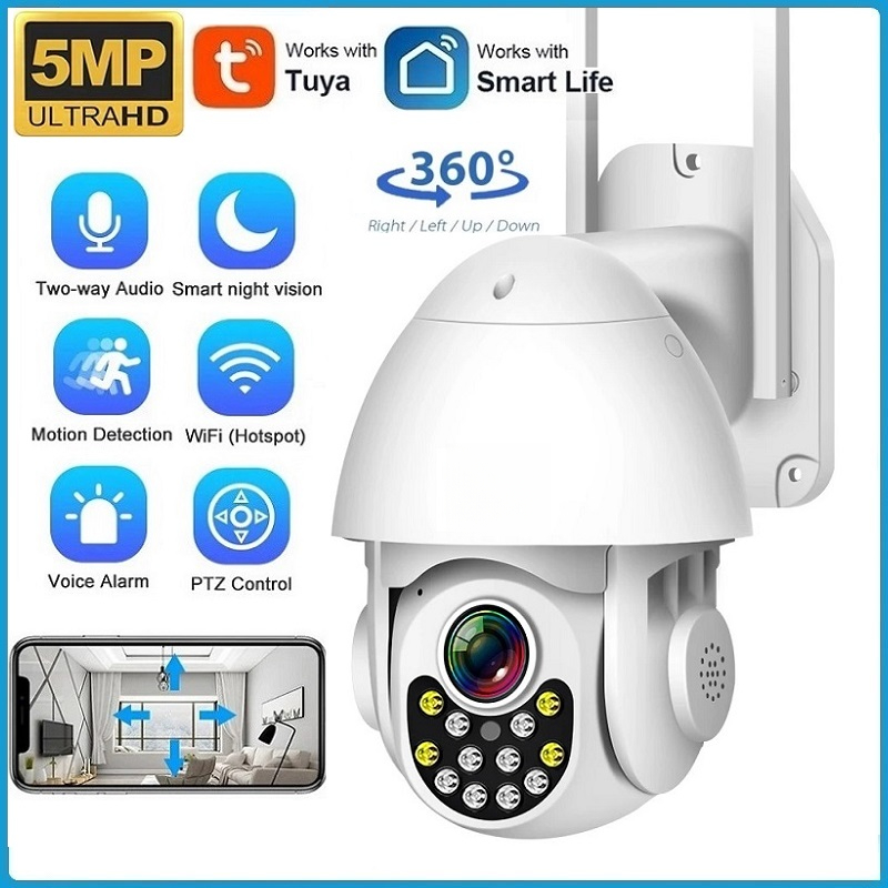 Tuya/Smart Life 5MP PTZ กล้องกันน้ํากลางแจ้ง WiFi กล้อง IP การติดตามอัตโนมัติ 6X ซูมดิจิตอลกล้องวงจรปิดความปลอดภัย P2P