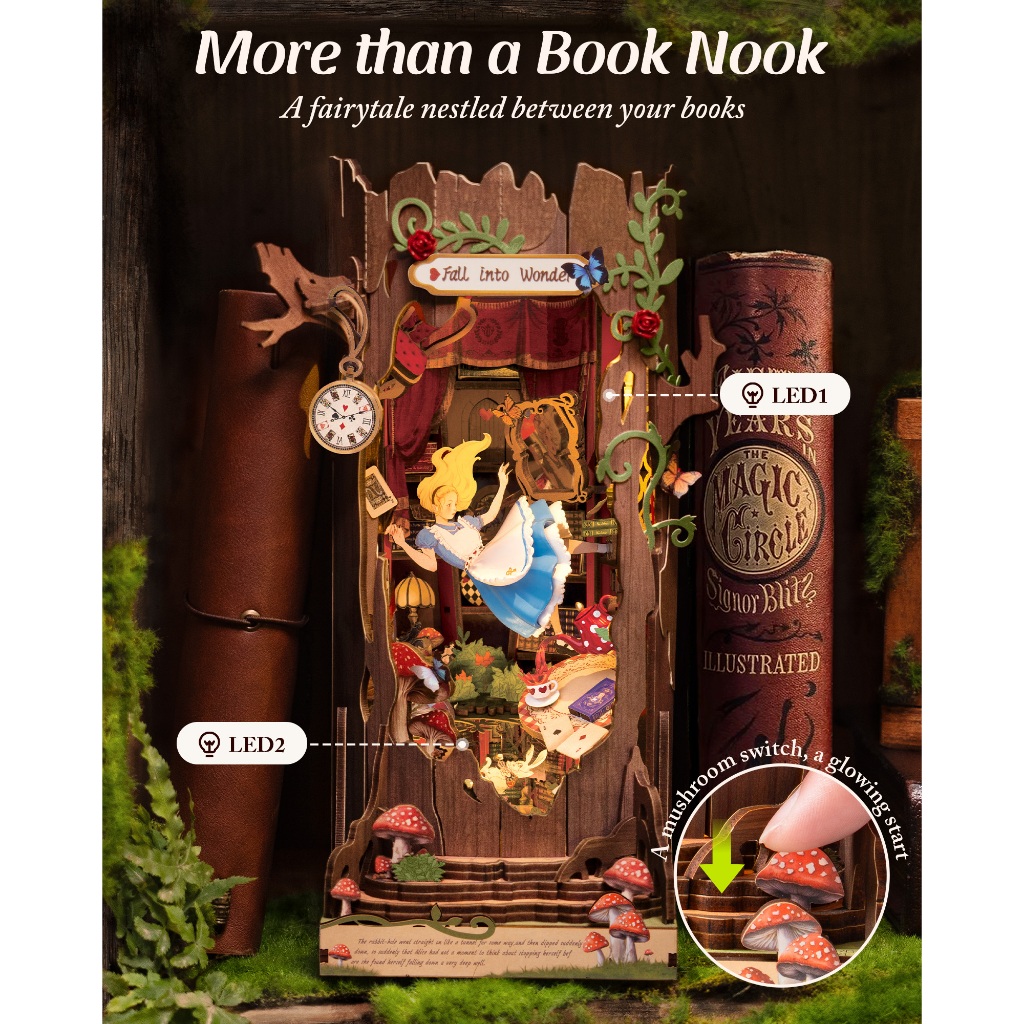 Robotime Rolife Book Nook Kits Alice Fall in Wonder DIY Booknook LED Miniature House Kit / ปริศนาไม้ 3D / ชั้นวางหนังสือของขวัญ TGB12