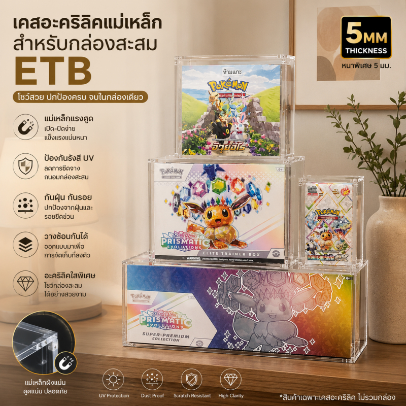 กล่องอะคริลิคแม่เหล็ก ETB ใสพิเศษ หนา 5MM กันฝุ่น กันรอย กัน UV สำหรับ Pokemon Elite Trainer Box