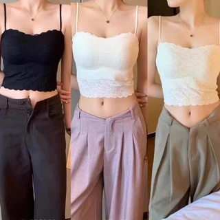Qiaoaiti เสื้อกล้ามลูกไม้ เสื้อสายเดี่ยว บราสายเดี่ยว เสื้อครอป สายเดี่ยว มีฟองน้ำในตัว ผ้าไอซ์ซิลค์ ใส่สบาย