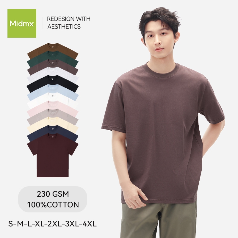 เสื้อยืดทรงหลวม Midmx เสื้อยืดคอกลมสีพื้น ผ้าฝ้าย100%  สไตล์อเมริกัน  ดีไซน์คลาสสิค