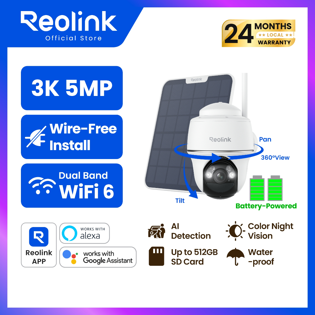 REOLINK กล้องรักษาความปลอดภัยไร้สายกลางแจ้ง, Pan Tilt พลังงานแสงอาทิตย์, 5MP 2K+ สี Night Vision, 2.4/5GHz WiFi, กล้องอัจฉริยะสําหรับการรักษาความปลอดภัยภายในบ้าน,ทํางานร่วมกับฮับบ้าน, Argus PT + พลังงานแสงอาทิตย์