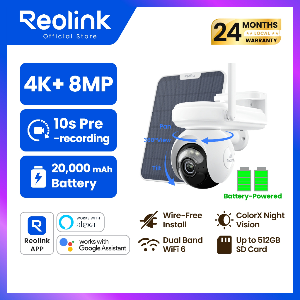REOLINK Altas PT Ultra กล้องวงจรปิดโซล่าเซลล์ 4K ไร้สาย | หมุน 360° ติดตามอัจฉริยะ | แบตอึด 500 วัน | ColorX ภาพสีกลางคืน | Wi-Fi 6 | กันน้ำภายนอก
