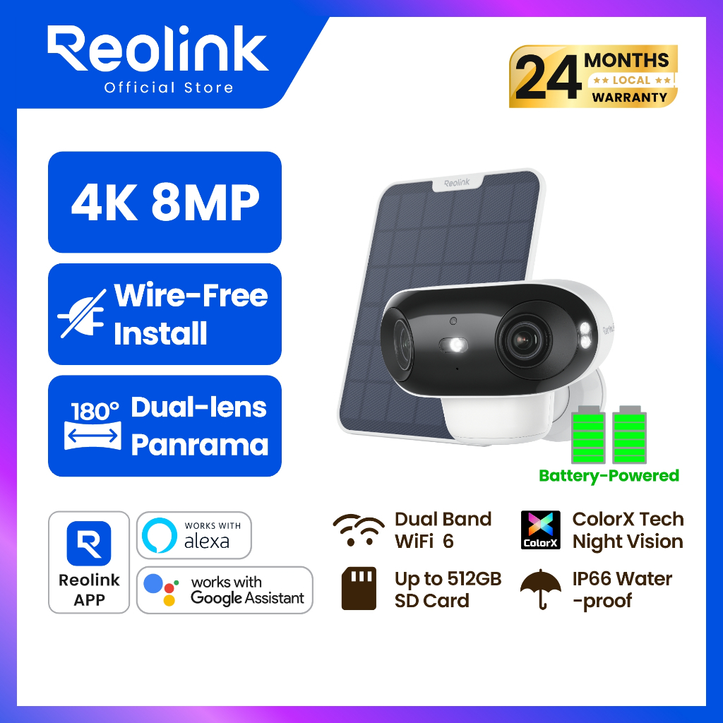 REOLINK Argus 4 Pro กล้องวงจรปิดโซล่าเซลล์ 4K ไร้สาย | เลนส์คู่ 180° มุมกว้างพิเศษ | 8MP ColorX ภาพสีกลางคืน | ตรวจจับ AI คน/รถ/สัตว์ | ไม่ต้องรายเดือน | บันทึกในตัว