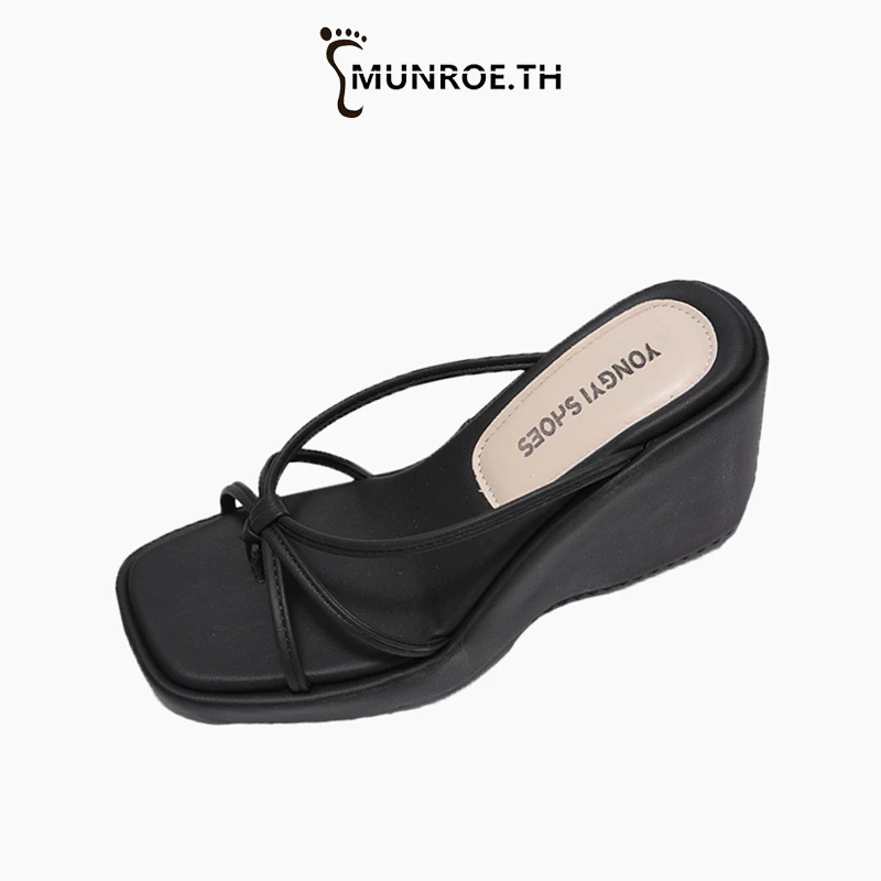 Munroe รองเท้าแตะ วินเทจ สีดำ รองเท้าส้นสูง ผู้หญิง 2026 รุ่นใหม่ ฤดูร้อน รองเท้าเพิ่มความสูง