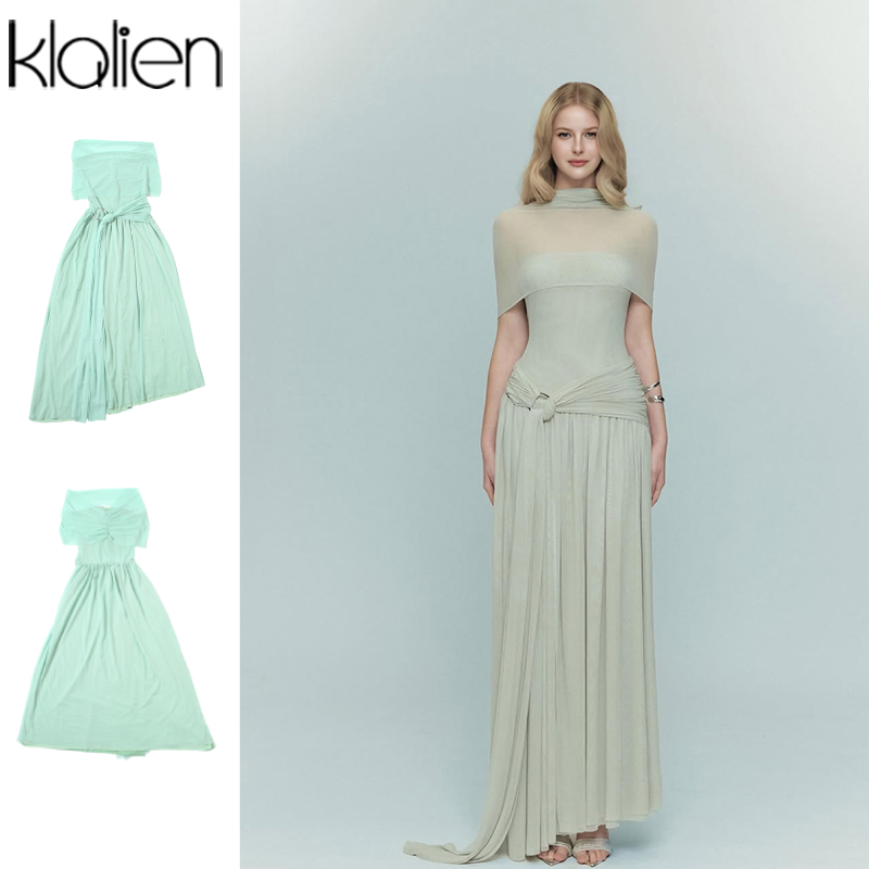Klalien Gentle Slash-คอ Slim Maxi Dresses แยกริบบิ้นออกแบบผู้หญิงฤดูร้อนสไตล์โรแมนติกฝรั่งเศส