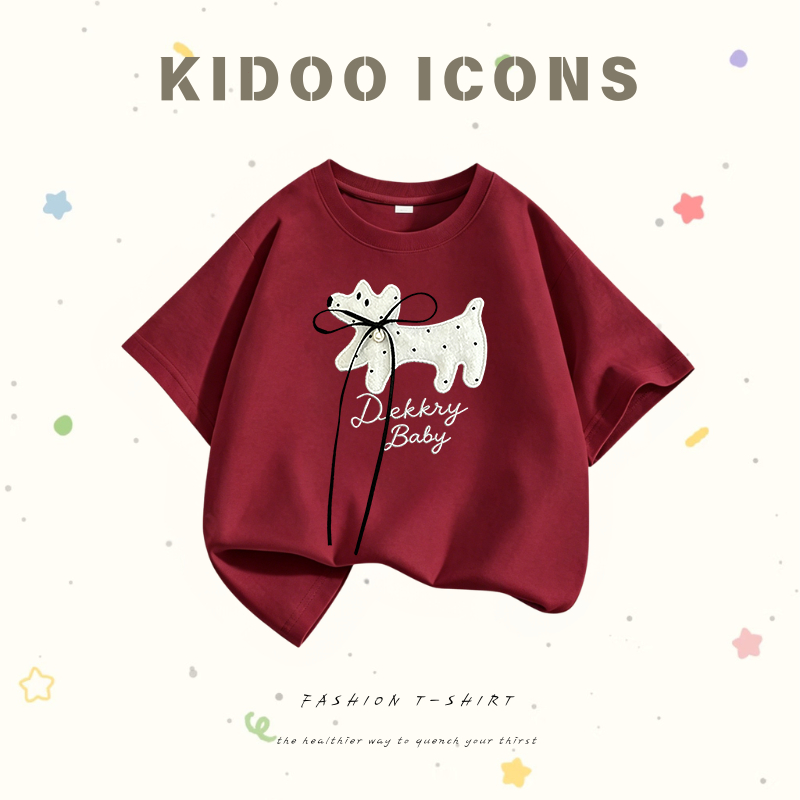 KIDOO ICONS เสื้อเด็กผู้หญิงฤดูร้อน สไตล์ลำลอง ทรงหลวม ลายสุนัขการ์ตูนลายจุด ผ้าฝ้ายแท้ 100%#A01+6156