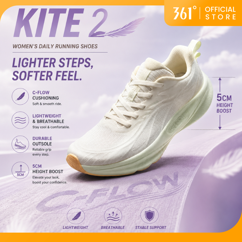 361 Degrees Kite 2 รองเท้าวิ่งผู้หญิง Daily Running Shoes พื้นหนาเพิ่มความสูง 5CM นุ่ม เบา ระบายอากาศดี ใส่เดิน/วิ่ง/ลำลอง 682612220