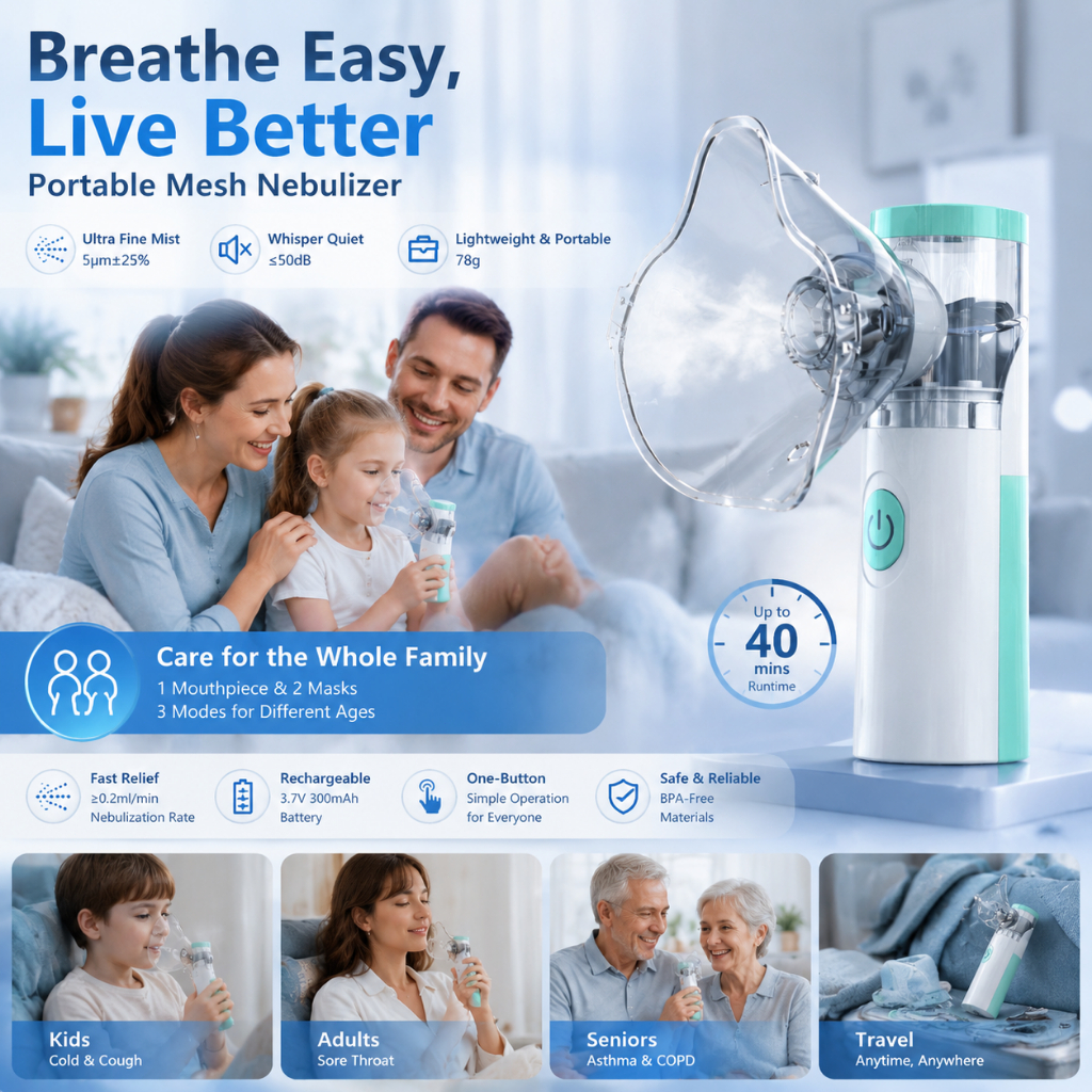 【Local Warehouse+COD】Portable Mesh Nebulizer, 5μm Mist, 3 Modes for Family, Rechargeable, Quiet, Lightweight for Cough/Cold
