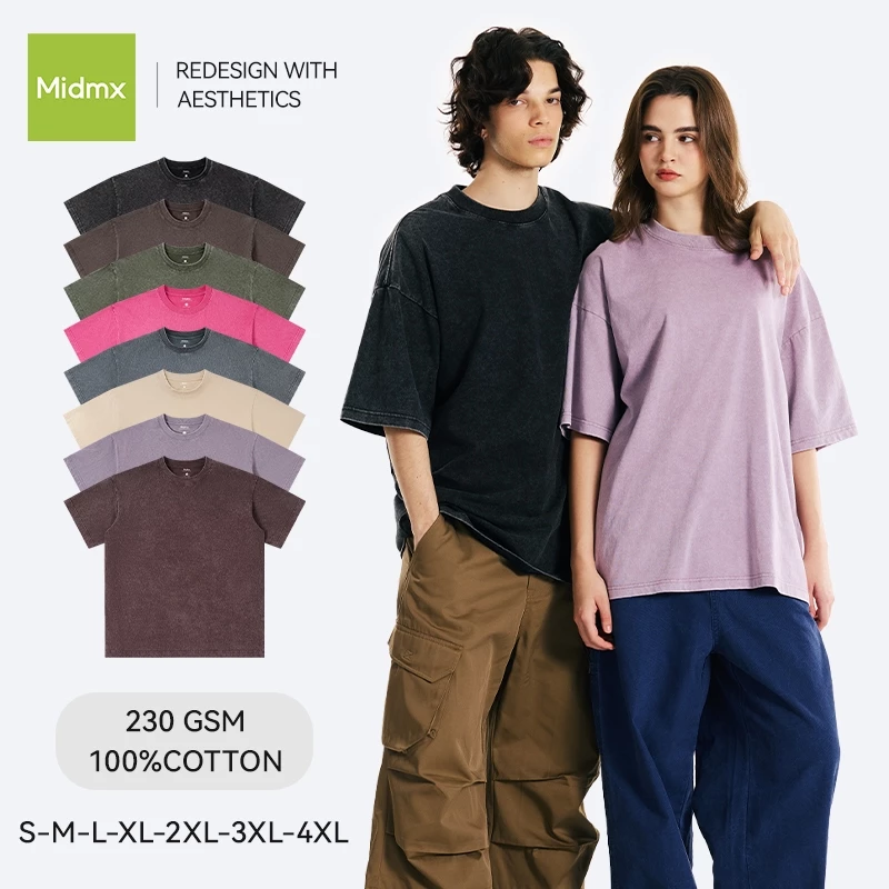 MIDMX ผ้าฝ้าย100% เสื้อยืดฟอก oversize เสื้อยืดแขนสั้นคอกลม สไตล์อเมริกัน ผ้านุ่มใส่สบาย แฟชั่นฤดูร้อน สําหรับผู้ชาย และผู้หญิง