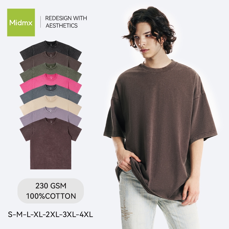 MIDMX เรโทร เสื้อฟอกวินเทจ  ดีไซน์คลาสสิค สไตล์อเมริกัน ผ้าฝ้าย100% 8 สีที่สามารถซักได้
