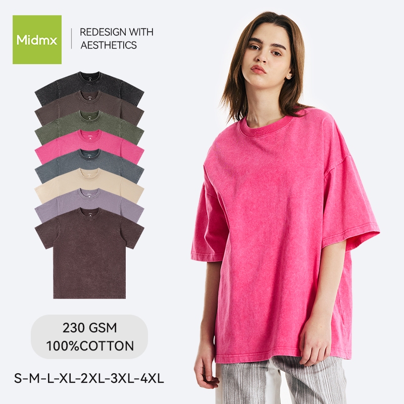(จัดส่งตลอด 24 ชั่วโมง)Midmx เสื้อยืดฟอก ผ้าคอตตอน ผ้าฝ้าย100% เสื้อยืดคอกลมสีพื้น ดีไซน์คลาสสิค