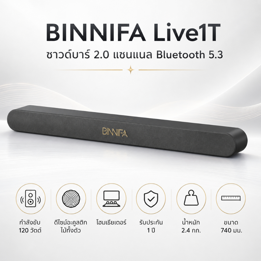 BINNIFA Live1T ลำโพงซาวด์บาร์ 2.0Ch Wireless TV Speaker Soundbar Bluetooth 5.3 กำลังขับ 120W วัตต์ ด