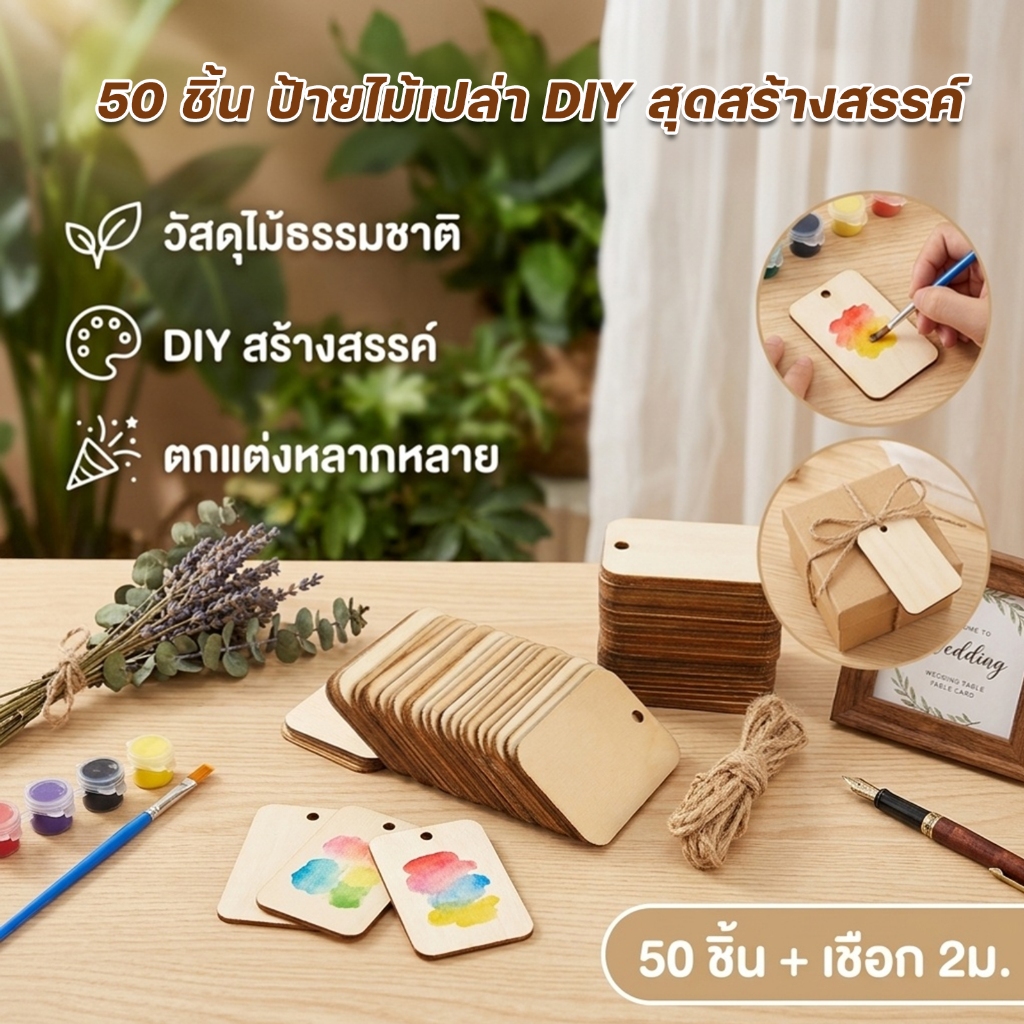 50ชิ้นไม้ชิ้นพร้อมเชือกที่ยังไม่เสร็จสี่เหลี่ยมเข้าสู่ระบบชิ้นชนบทไม้ธรรมชาติชิ้นแขวนเครื่องประดับ ร้านค้า0538
