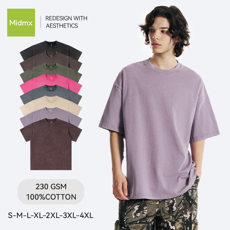 MIDMX เสื้อยืดเปล่า เสื้อยืดคอกลม 8 สี ระบายอากาศ ไม่ยืด ไม่ย้วย เสื้อสีพื้น โอเวอร์ไซส์ วินเทจฟอกน้ำ เสื้อยืดแขนสั้นคอกลม