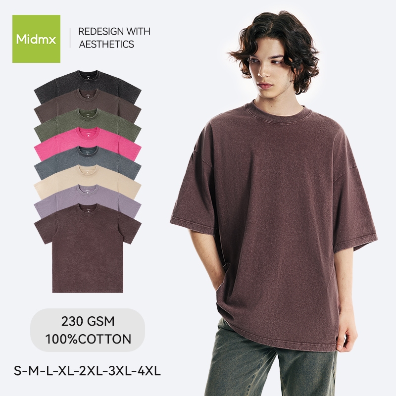MIDMX วินเทจฟอกน้ำ เสื้อยืดฟอก oversize เสื้อยืดเปล่า หลวม สบาย ระบายอากาศ ไม่ยืด ไม่ย้วย เสื้อสีพื้น เสื้อยืดคอกลม 6 สี ผ้าฝ้าย100%