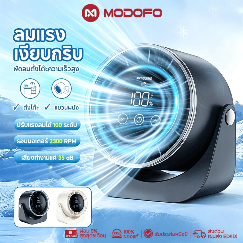 พัดลมพกพา MODOFO 2in1 ตั้งโต๊ะและติดผนัง จอ LED 100 สปีด