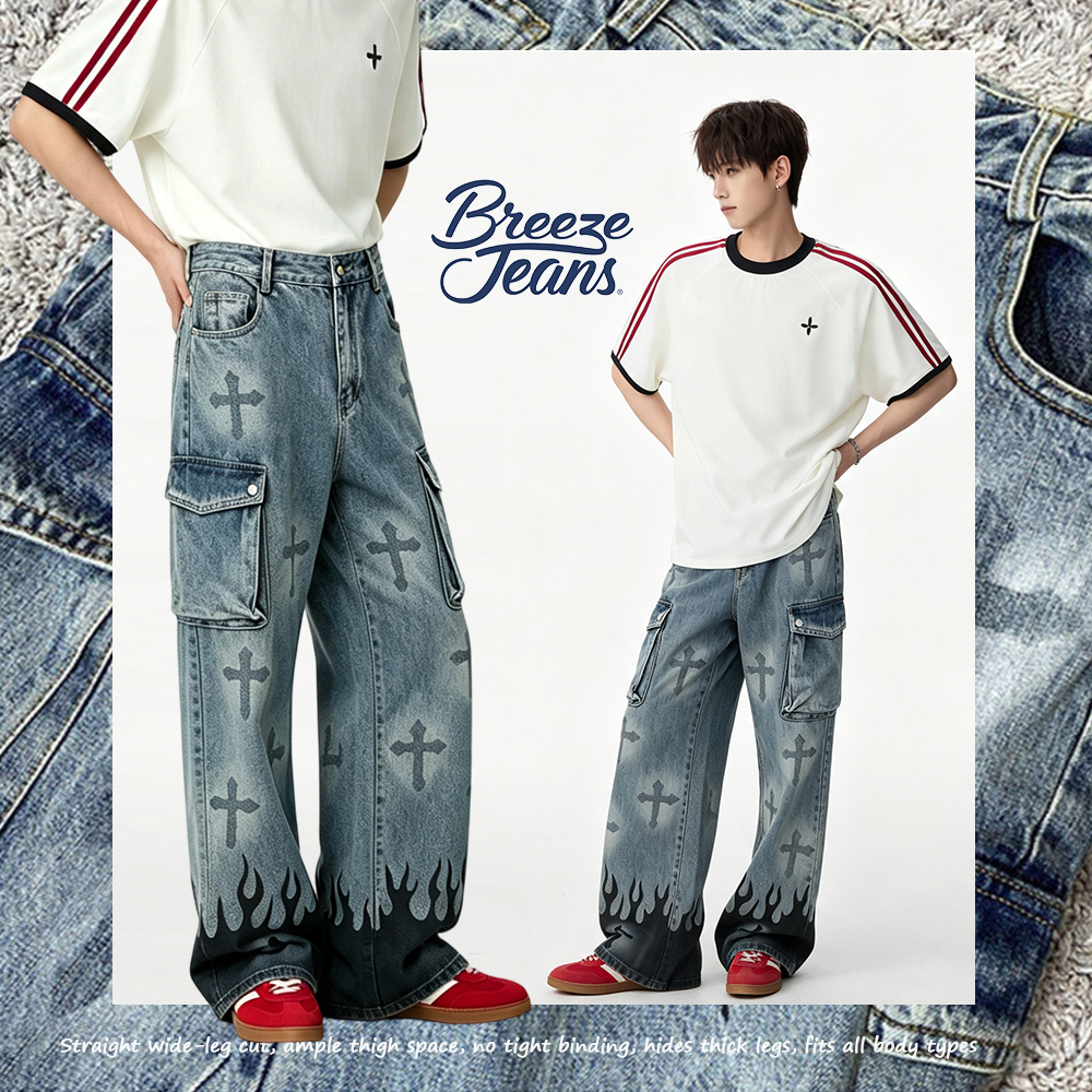 Breeze Jeans กางเกงยีนส์ผู้ชายทรงตรงแบ็กกีขากว้างเอวสูง พิมพ์ลายฮิปฮอปสตรีท ฟอกวินเทจ ยืดหยุ่น ผ้านุ่ม ซ่อนหน้าท้อง เหมาะผู้ชายอวบอ้วน ไซส์ M‑3XL