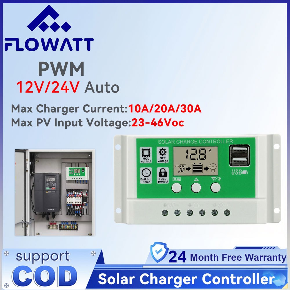 Flowatt PWM 10A/30A ตัวควบคุมการชาร์จพลังงานแสงอาทิตย์ 12V/24V ตัวควบคุมแบตเตอรี่ตัวควบคุมแผงโซลาร์เซลล์จอแสดงผล LCD พร้อมพอร์ต USB คู่