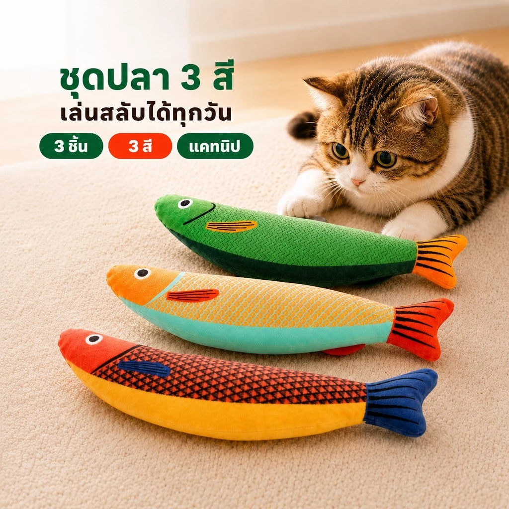 ของเล่นแมว ปลาแมว ปลาแคทนิป กัญชาแมว 24 ซม. มีเสียงในตัว ตุ๊กตาปลานุ่ม กัดเล่นกอดเตะ