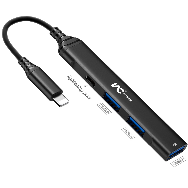 อะแดปเตอร์ฮับ iPh 4 in 1 พร้อม USB 3.0,2 USB 2.0 และพอร์ตชาร์จเร็วสําหรับ iPh/Pad เข้ากันได้กับไมโครโฟน USB/แฟลชไดรฟ์ USB/คีย์บอร์ด/เมาส์ (สีเงิน)