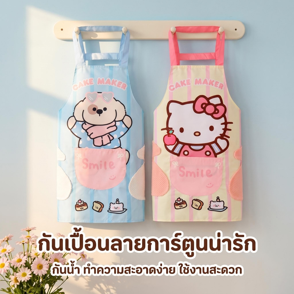 ใหม่น่ารักสุดน่ารักผ้ากันเปื้อนกันน้ําผู้ใหญ่การ์ตูนน่ารักครัวเรือนแขนกุดผ้ากันเปื้อนครัว