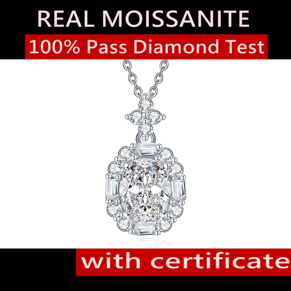 Moissanite Necklace สร้อยคอเงินแท้ 925 พร้อมจี้เพชรโมซาไนต์แท้ 2 กะรัต จี้เครื่องตรวจเพชรผ่าน ทรงไข่