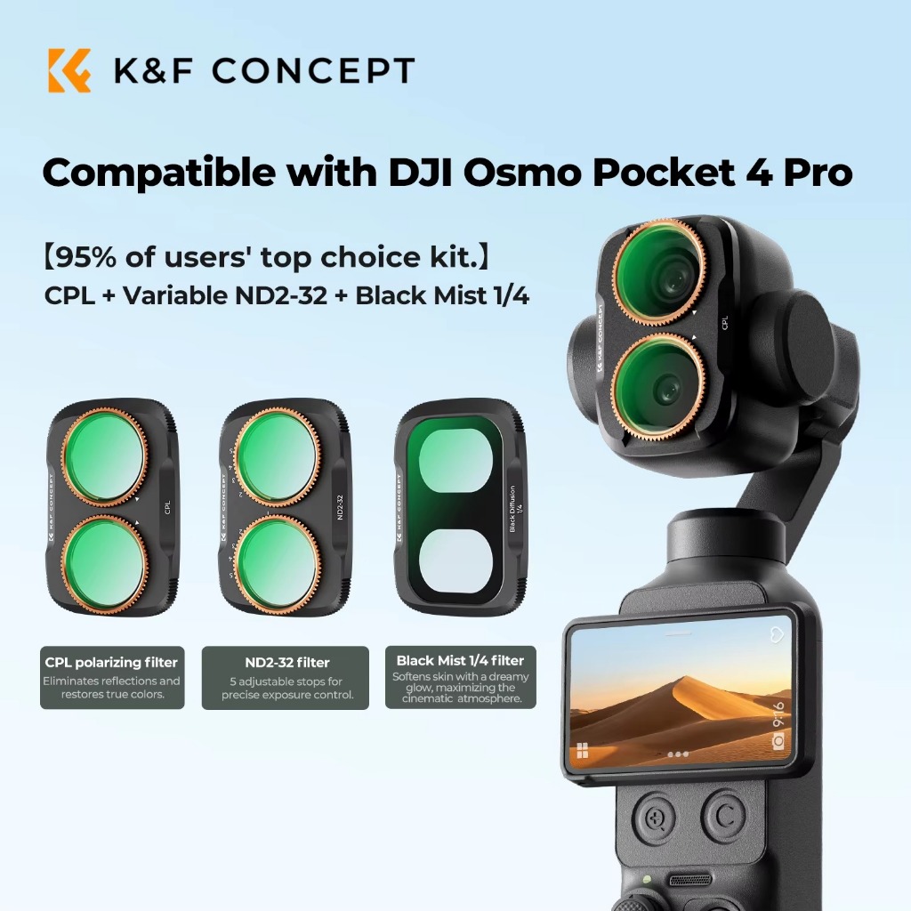 K&F Concept ชุดกรองเลนส์โลหะสําหรับ DJI Pocket 4 Pro CPL / UV / ปรับได้ ND2-32 / กระจายสีดํา 1/4 และตัวกรองความเสียหายของแสงป้องกัน