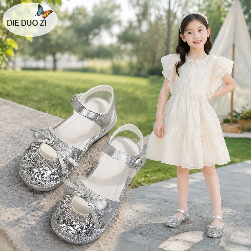 Silver Glitter Bow Closed Toe Girls Sandals, Adjustable Buckle Strap Soft Flat Kids Shoes, Princess Party Summer Sandals for Little Girls