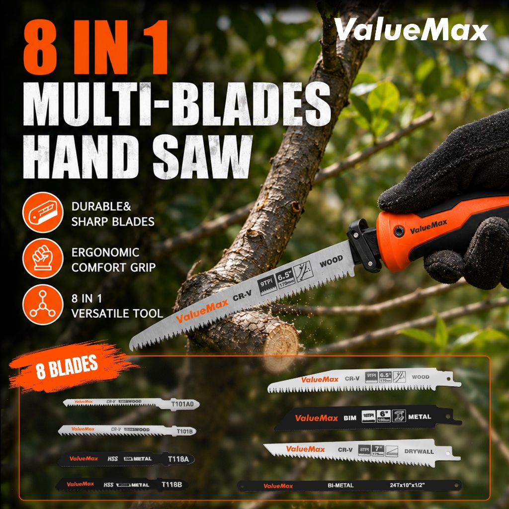 ValueMax 8-in-1 เลื่อยหลายเครื่องมือกลางแจ้งทนทานและพกพาสําหรับ Camping Garden & DIY โครงการเครื่องมือตัดไม้