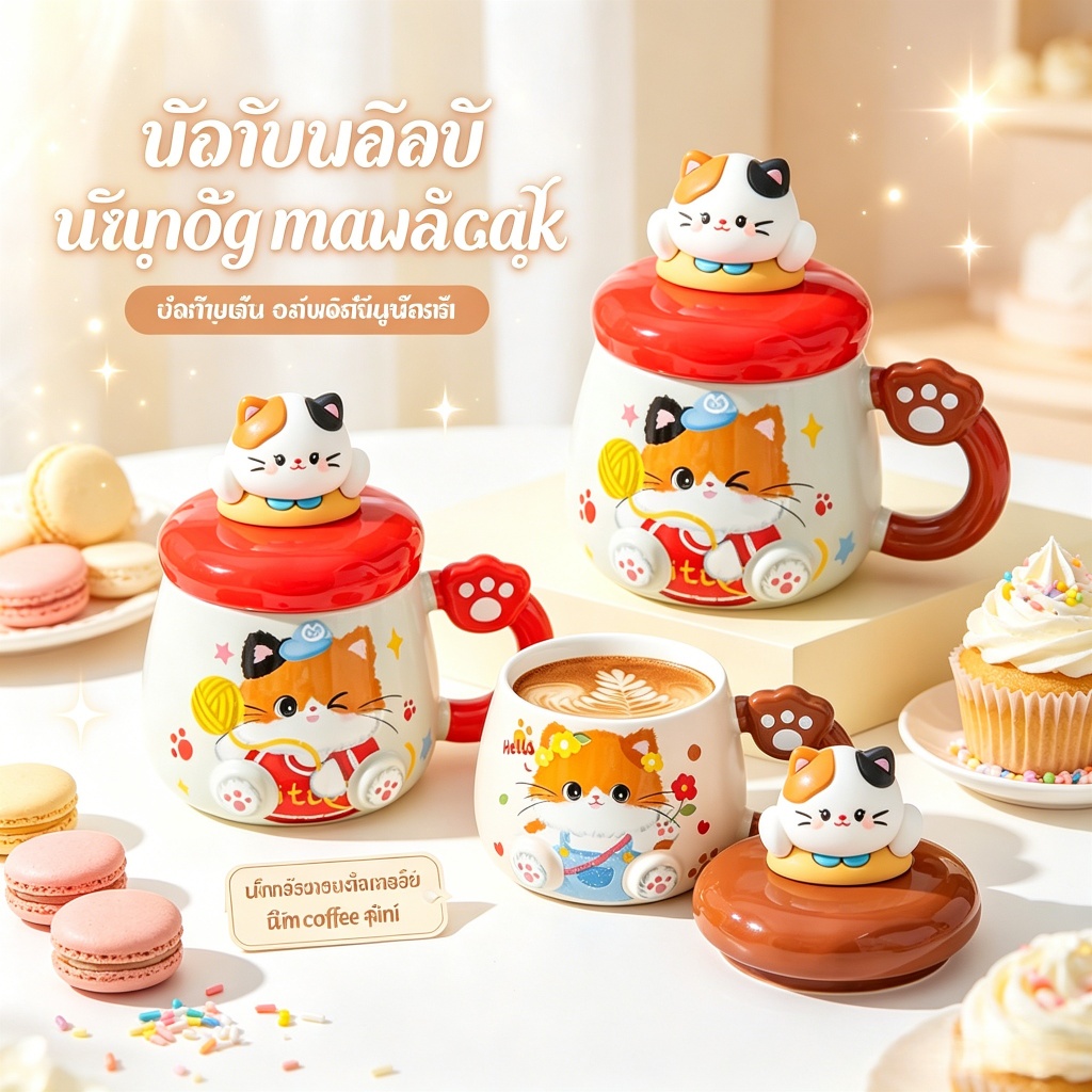 ถ้วยน้ำเซรามิกลายแมวน่ารัก 430มล มีฝาปิด กระบอกน้ำใช้ทำงาน เหมาะของขวัญวันเกิด คู่รัก ออฟฟิศ ส่งสินค้ากรุงเทพฯ รับCOD