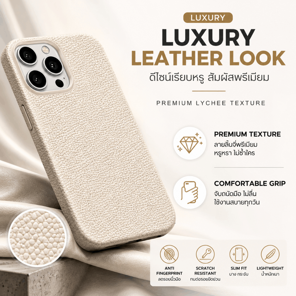 เคส iPhone 17 Air 16 16e 15 14 13 12 11 Pro Max Plus Pro Mini เคสหนัง PU ลายลิ้นจี่ ผิวสัมผัสพรีเมียม Luxury Leather Case กันกระแทก ป้องกันเลนส์กล้อง กันรอย ลดรอยนิ้วมือ จับถนัดมือ บางเบา Soft TPU กันลื่น ดีไซน์เรียบหรู เคสไอโฟน11