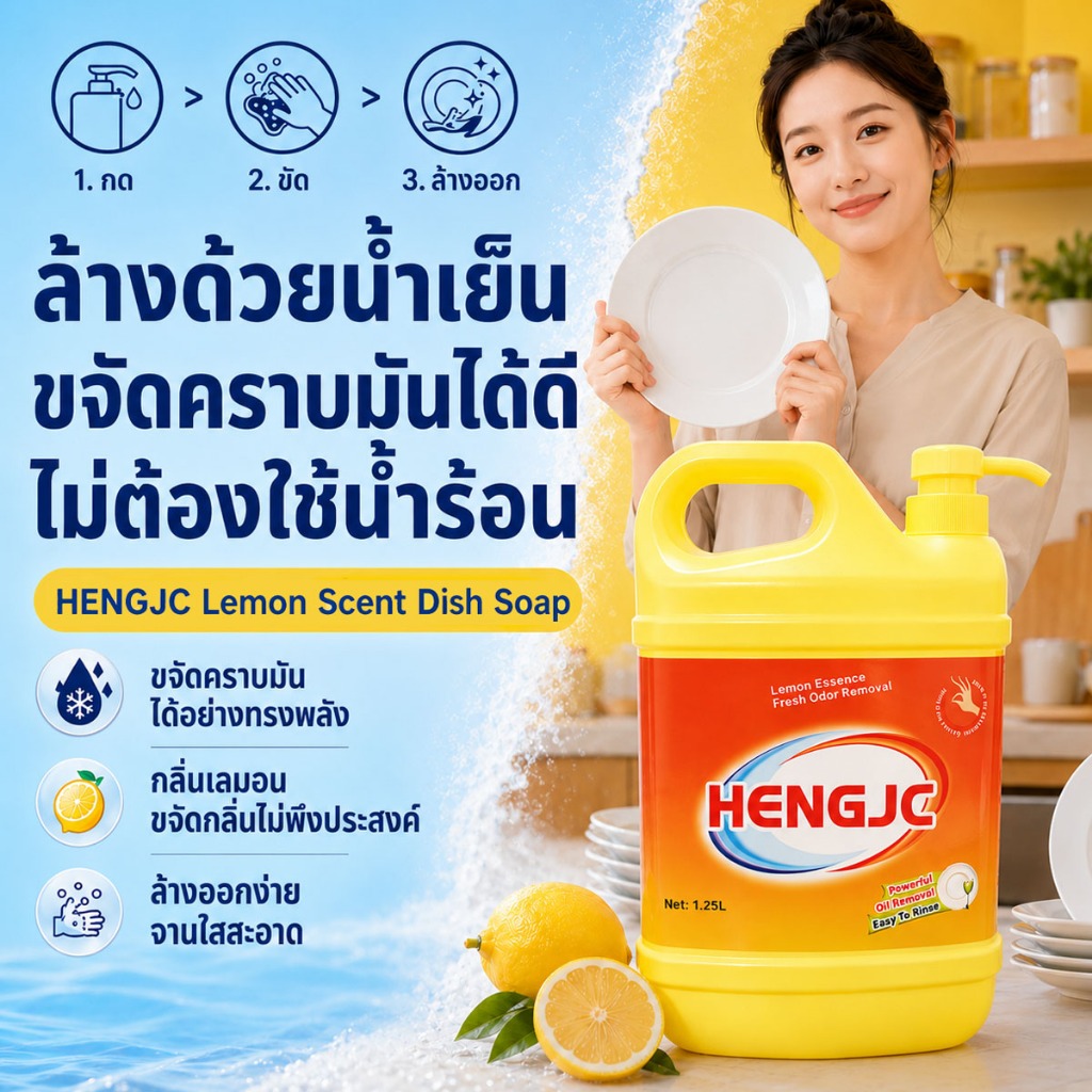 【2 ขวด】น้ำยาล้างจาน สูตรเข้มข้น กลิ่นมะนาว ปริมาณ 1250 มล. ขจัดคราบมันประสิทธิภาพสูง Lemon Dishwashing Liquid 1250ml