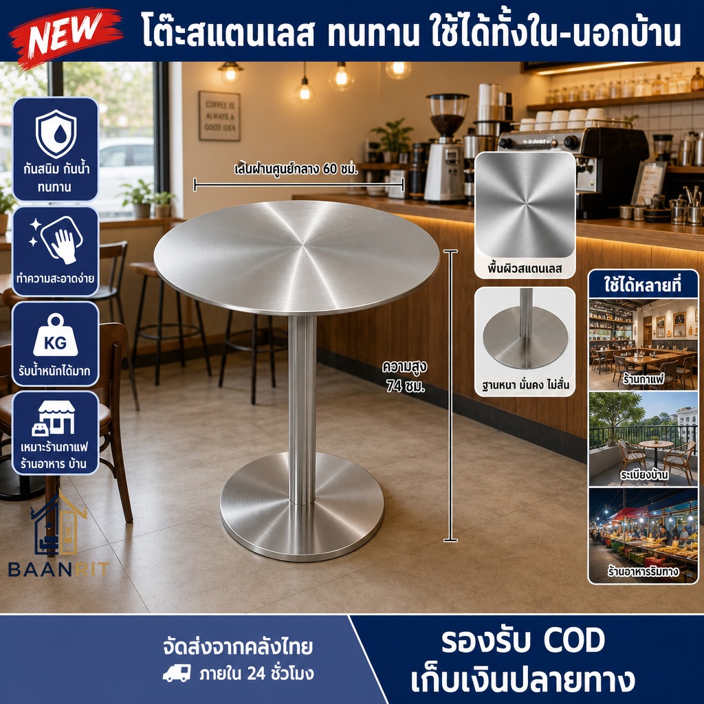จัดส่งทันที โต๊ะสแตนเลสทรงกลม ผิวด้าน stainless table โต๊ะร้านกาแฟ โต๊ะสำหรับร้านอาหาร สแตนเลส 304 ป้องกันการเป็นลอย y