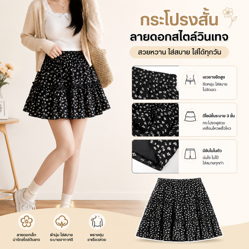 【ส่งไวจากไทย】สไตล์เกาหลี โปรงสั้น สีน่ารักมากใส่สบาย มีซับในเมื่อสวมใส่ก็ดูดีดูผอมเพรียว